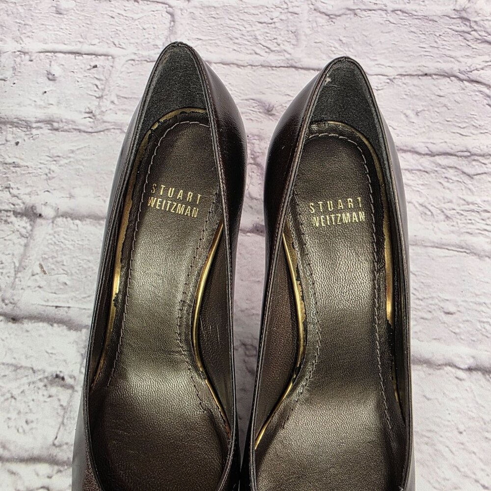 Stuart Weitzman Womens Shoes Sz 8 Cafe Pearl Leather Peep Toe High Heel Pumps - Picture 10 of 13